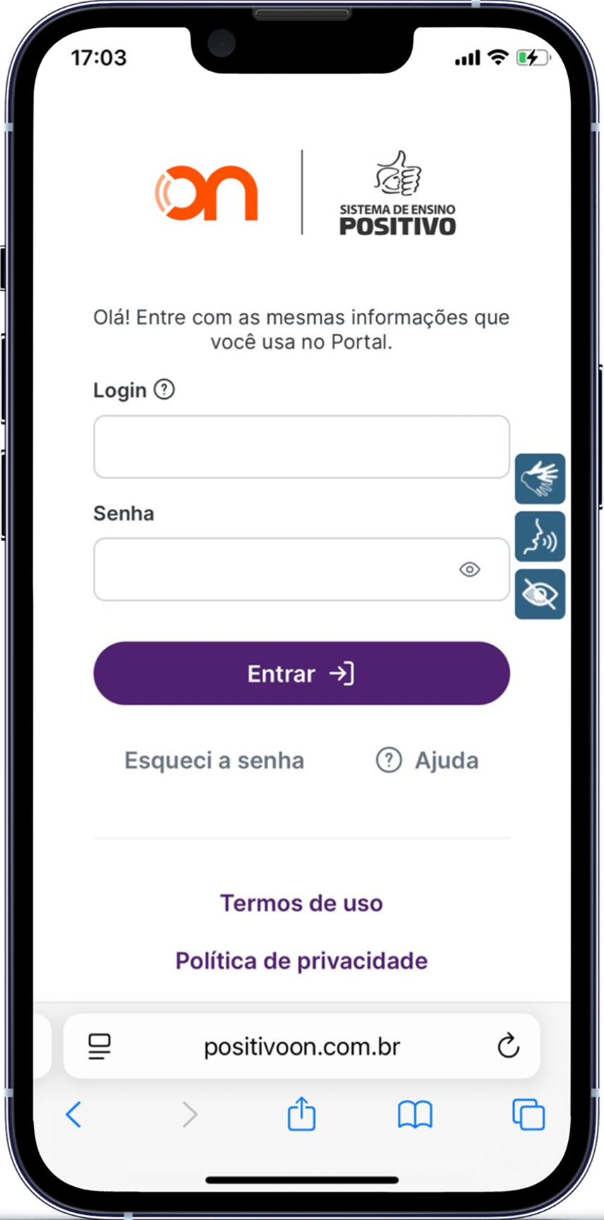 Captura de tela da tela de login da versão mobile da plataforma de ensino da Arco Educação